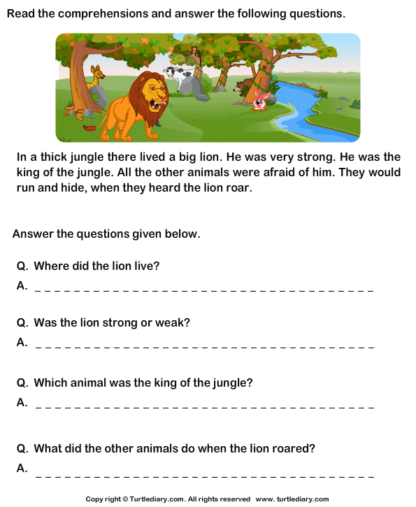 Reading Comprehension Lion Worksheet Turtle Diary