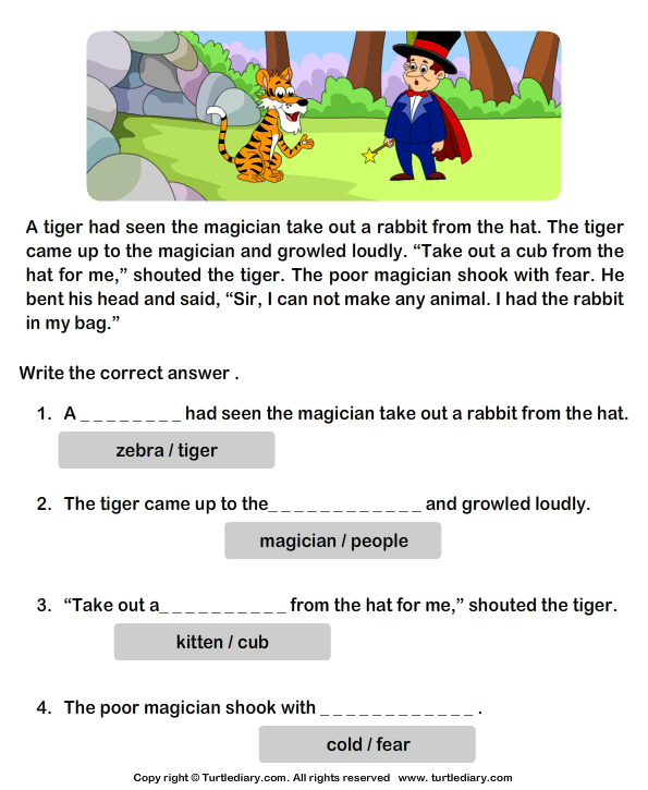 english exercise standard 1 Comprehension Magician and Reading Tiger Worksheet