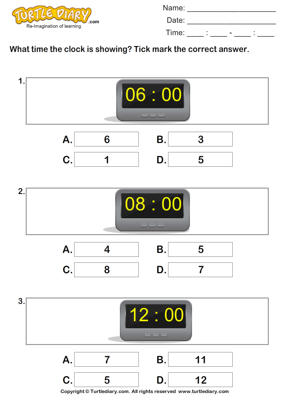 reading time on digital clocks turtle diary worksheet