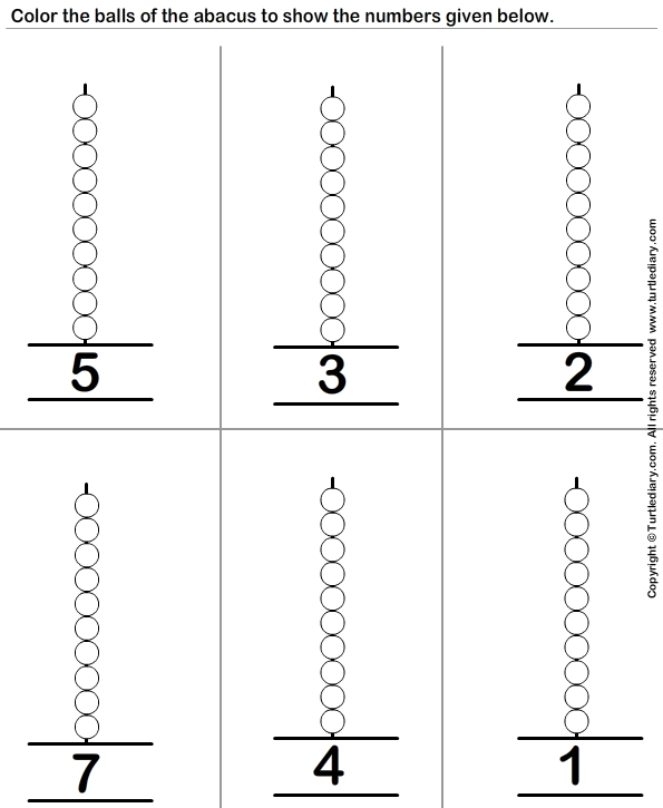 represent one digit numbers on abacus by coloring balls turtle diary worksheet