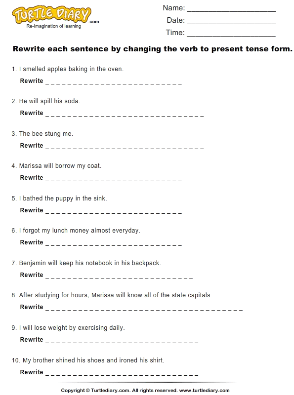 Rewrite Sentence by Changing Verb to Present Tense Form Worksheet