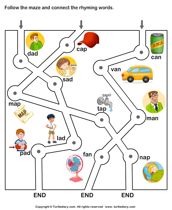 Rhyming Words Maze Ad Ap And An Worksheet Turtle Diary