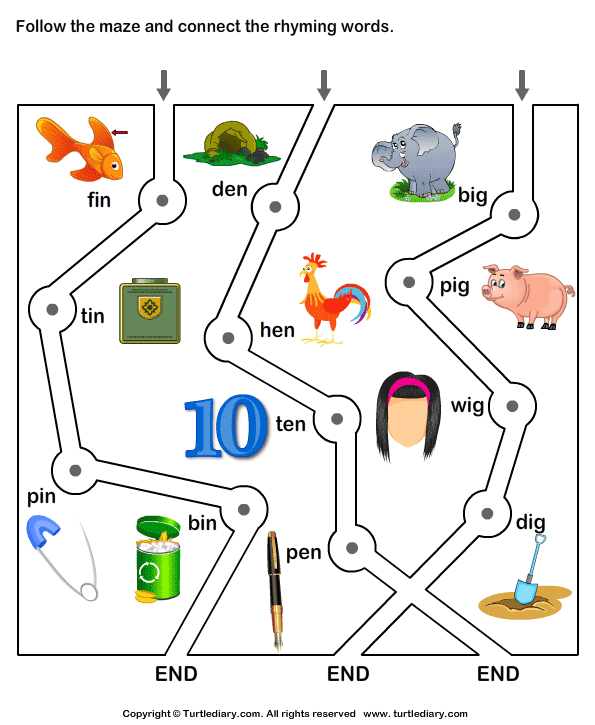 Rhyming Words Maze In En And Ig Worksheet Turtle Diary