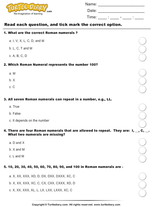 1 grade addition worksheet math Roman Thousands Turtle Ten  Numerals up Diary Worksheet  to