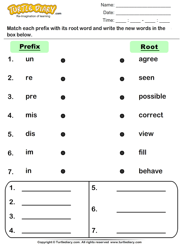 family 2 my worksheets grade Prefix Match Root  Turtle Word and  Diary Worksheet