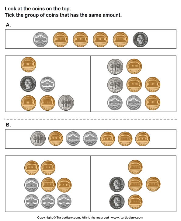 same amount with different coin combinations worksheet