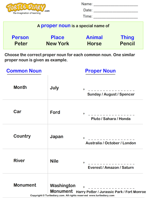 select proper noun for each common noun worksheet turtle diary