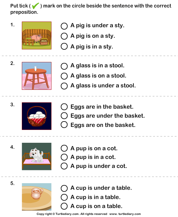 Sentence with the Correct Preposition for Picture Worksheet - Turtle Diary