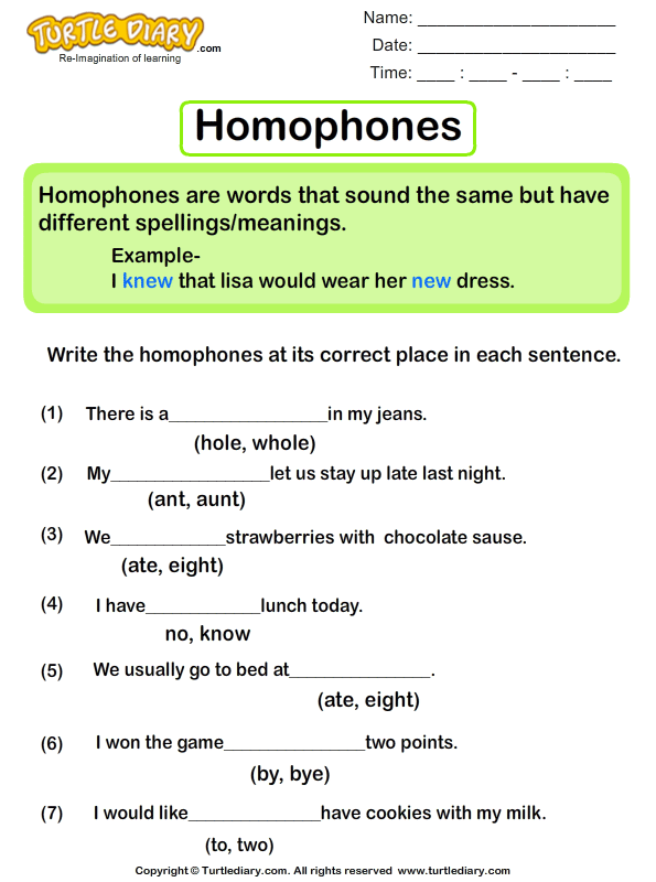 Sentences with Homophones Worksheet - Turtle Diary