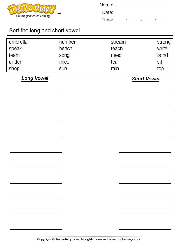 grade blends for free 1 worksheets Word and  Vowel Diary Long Sort Worksheet  Turtle Short