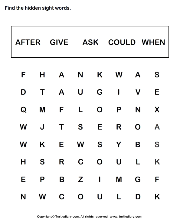 Sight word Crossword After Give Ask Could When Worksheet - Turtle Diary