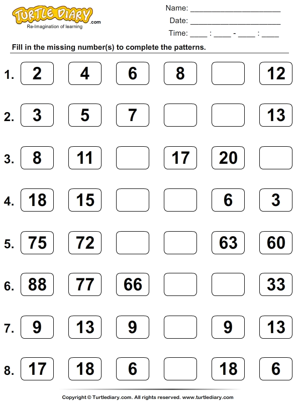 Skip Count to Complete Patterns Worksheet - Turtle Diary