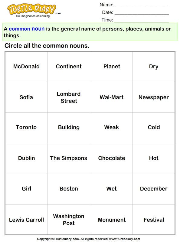 sorting common nouns turtle diary worksheet