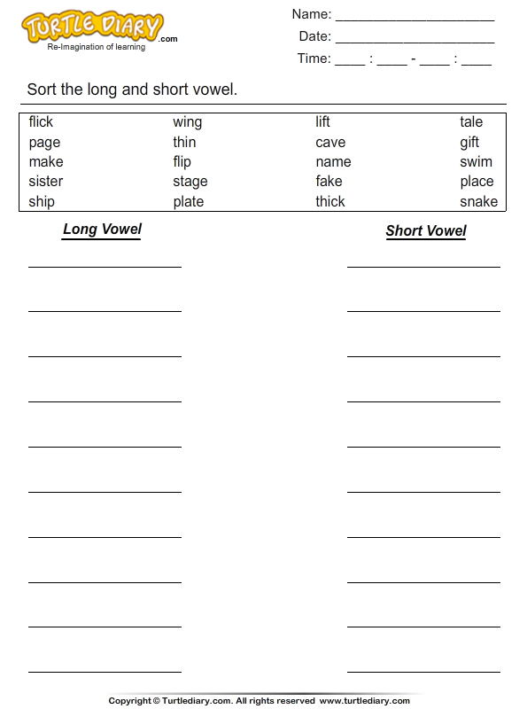 long worksheets 1st u grade Sorting Short and Worksheet Turtle  Long Vowels Words by