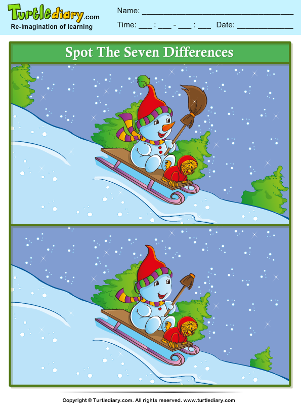 Spot the Difference Snowman Sleigh Worksheet - Turtle Diary