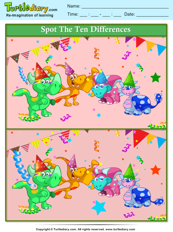 Spot the Differences Dinosaur Party Worksheet - Turtle Diary