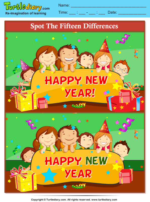 Spot the Differences New Year Celebration Worksheet - Turtle Diary