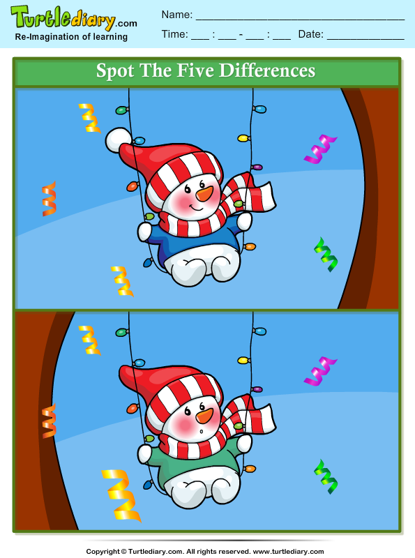 Spot the Differences Snowman in Swing Worksheet - Turtle Diary