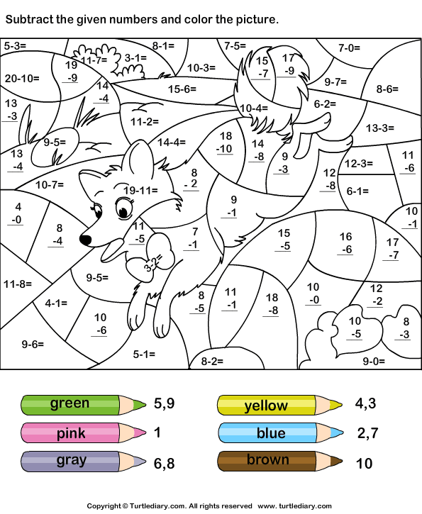 Subtract Numbers and Color Picture Worksheet - Turtle Diary