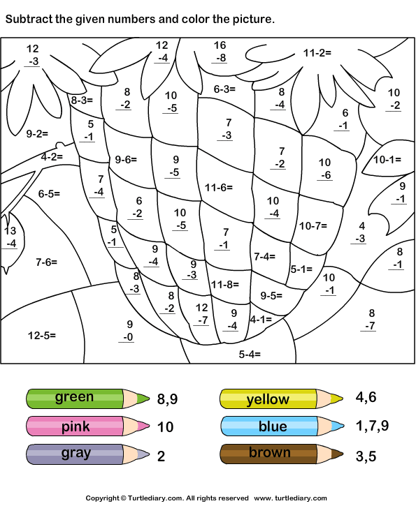 Subtract Numbers up to Twenty and Color Picture Worksheet