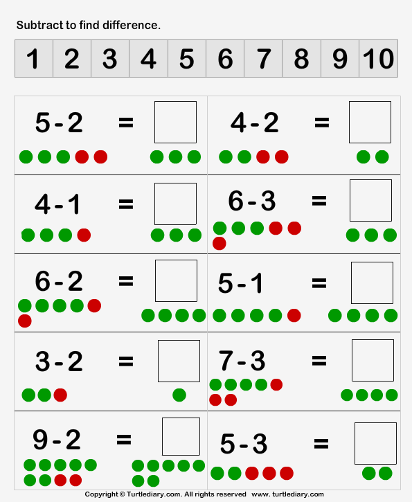 Subtracting using Dot Figures Worksheet - Turtle Diary