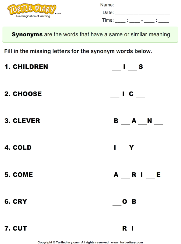 Synonym Fill the Missing Letters Worksheet - Turtle Diary