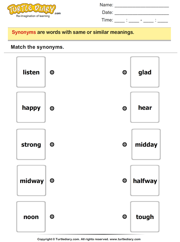 grade free 1 synonyms for worksheets Synonym Worksheet  Match  Turtle Diary