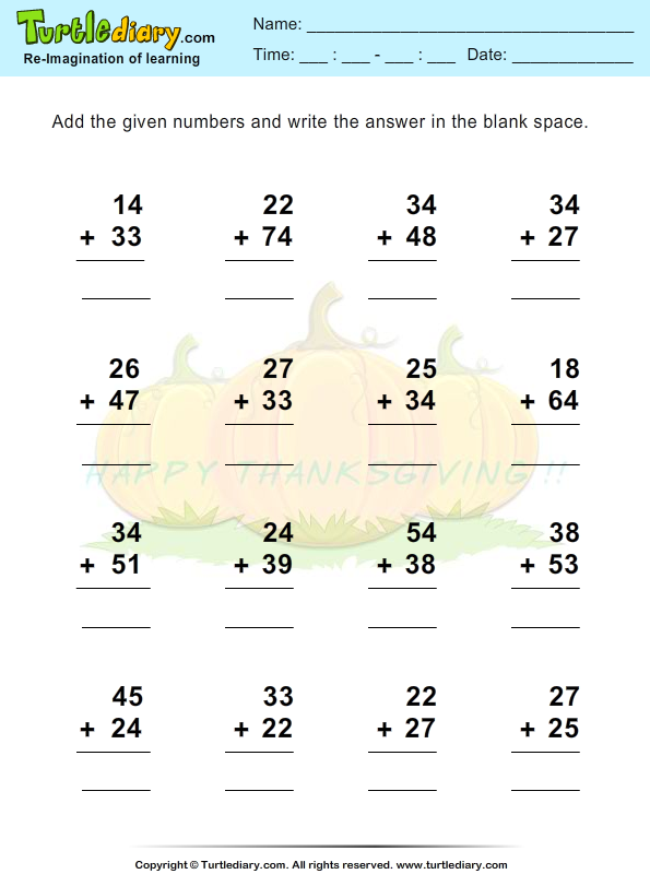 Thanksgiving Add Two Digit Numbers Worksheet - Turtle Diary