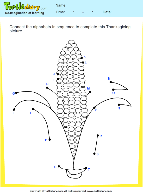 Thanksgiving Connect the Dots by Alphabets Corn Worksheet - Turtle Diary