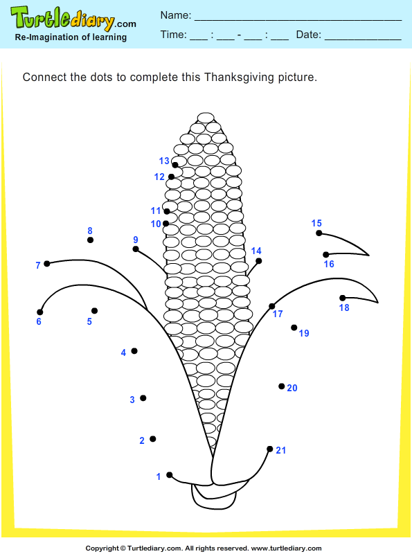 kindergarten thanksgiving for free worksheets Worksheet Corn Thanksgiving by Dots Connect Numbers the