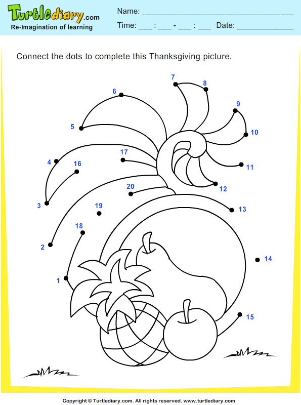 Thanksgiving Connect the Dots by Numbers Cornucopia Worksheet - Turtle