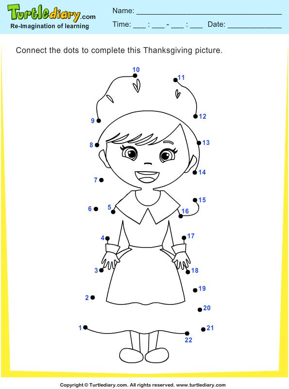 and free for worksheets first math kindergarten grade Connect the Numbers Worksheet by Dots Thanksgiving Pilgrim