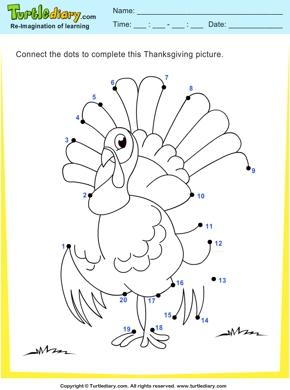 Thanksgiving Connect the Dots by Numbers Turkey Worksheet - Turtle Diary