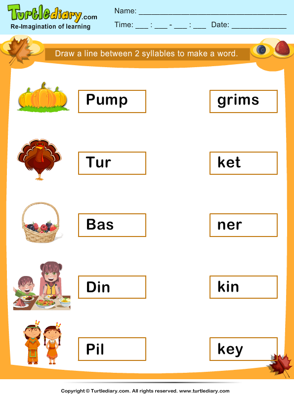 Two Syllables Thanksgiving Words Worksheet - Turtle Diary