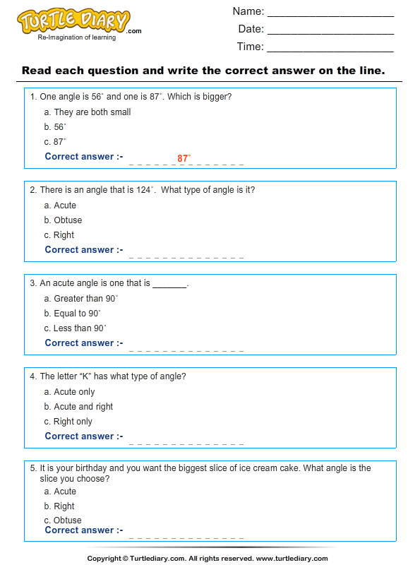 Types of Angles Worksheet - Turtle Diary