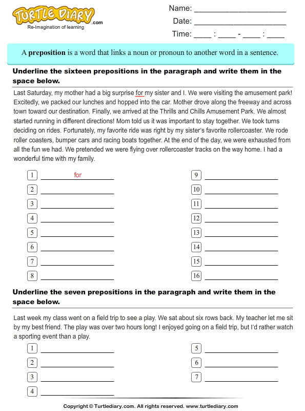 2 grade exercise english Underline Write in Prepositions the Paragraph them and