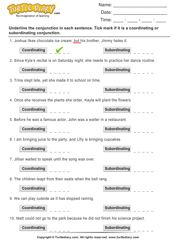 english exercise unless a Underline Sentence and Conjunction the in Identify