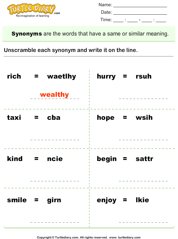 grade synonyms 1 worksheet Diary  Worksheet Turtle Unscramble Synonyms of Words