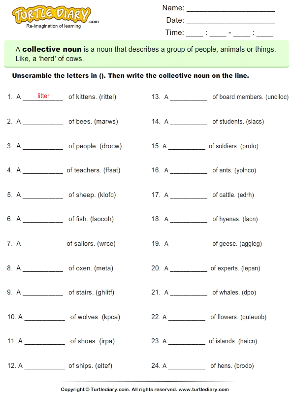 unscramble the letters to make collective noun worksheet