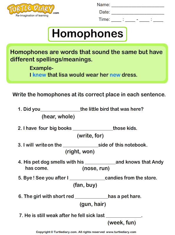 Use Homophones Given in Bracket to Complete the Sentence Worksheet