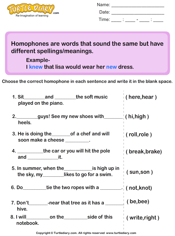 Use Homophones to Complete the Sentence Worksheet - Turtle Diary