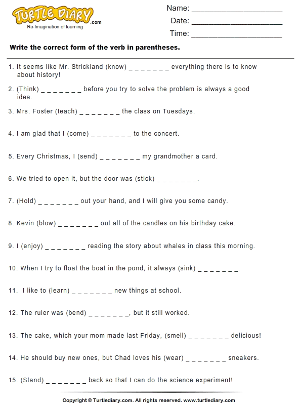 worksheets tense for past 1 free grade Complete Sentences Form the to Use Verb of Correct