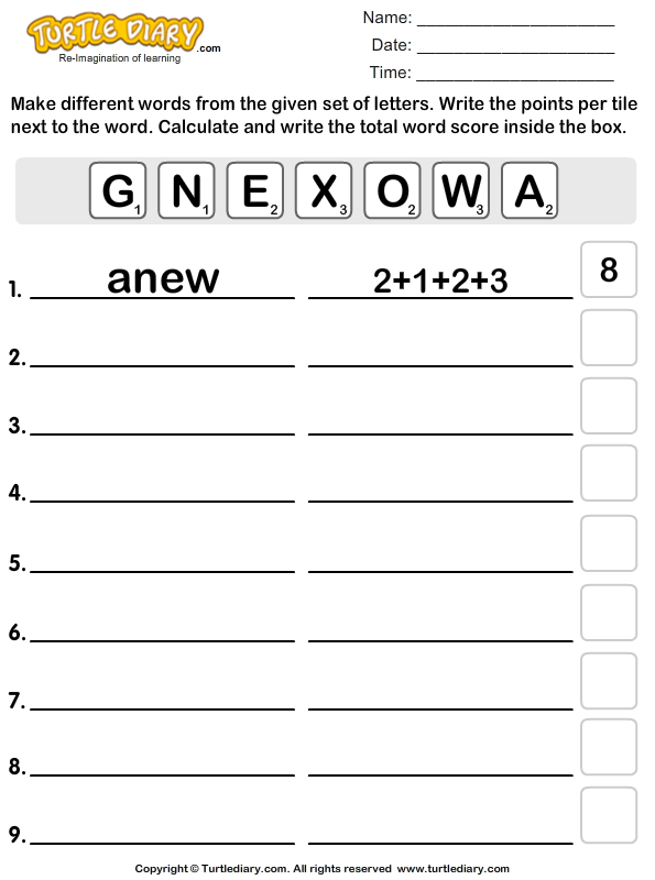 using g n e x o w a make words and count the score