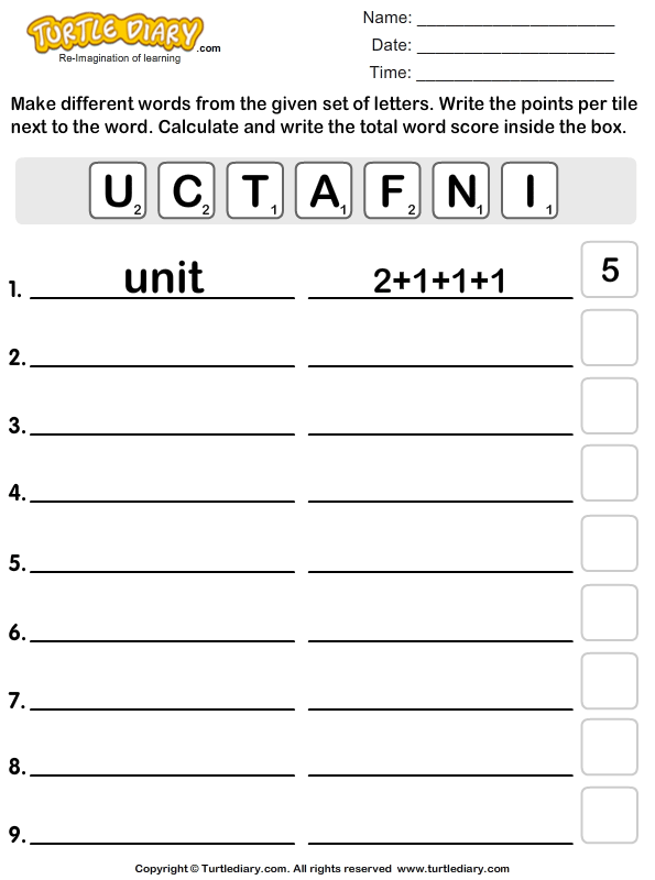 Using U C T A F N I Make Words And Count The Score Worksheet Turtle Diary