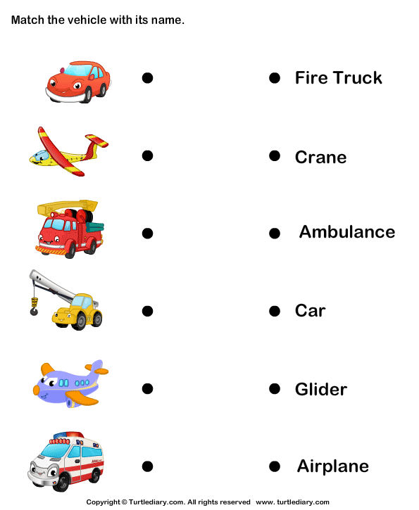 worksheets on transportation preschoolers for Vehicle Names Worksheet Turtle Diary