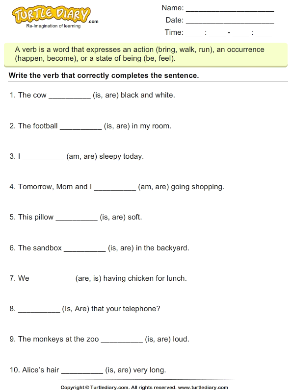 pdf grade worksheet 1 math Is Are Am Worksheet Diary Verbs Turtle