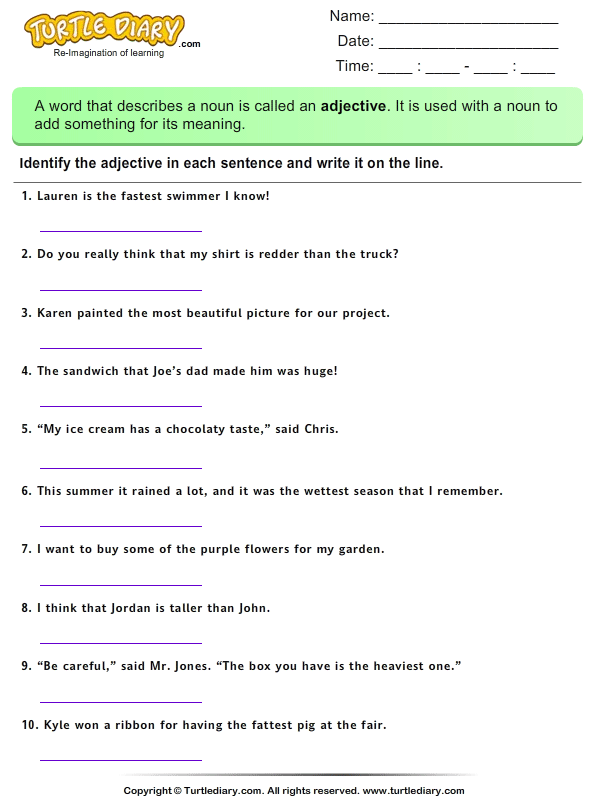 Identify Adjectives in a Sentence Worksheet - Turtle Diary