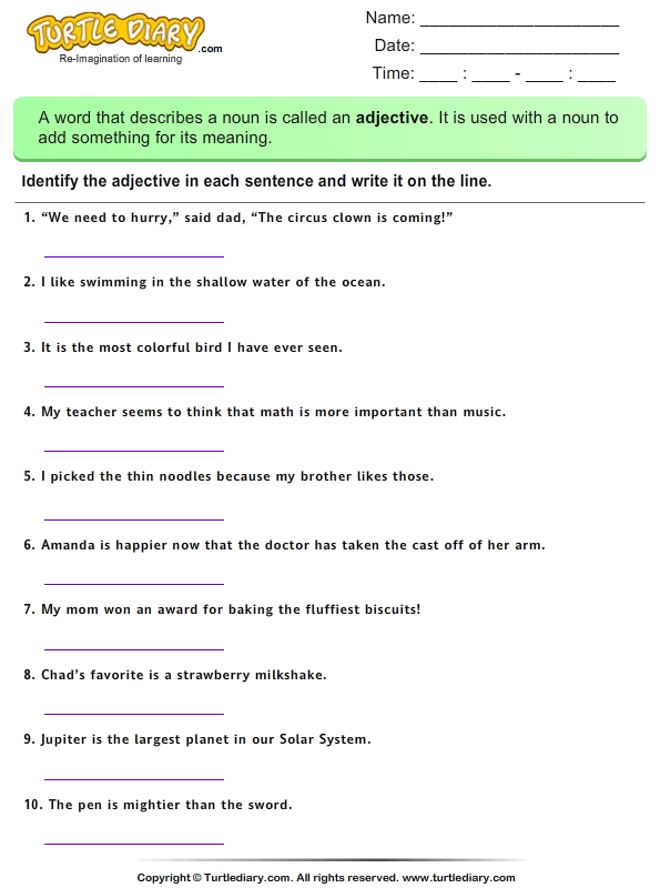 Write Adjectives used in each Sentence Worksheet - Turtle Diary