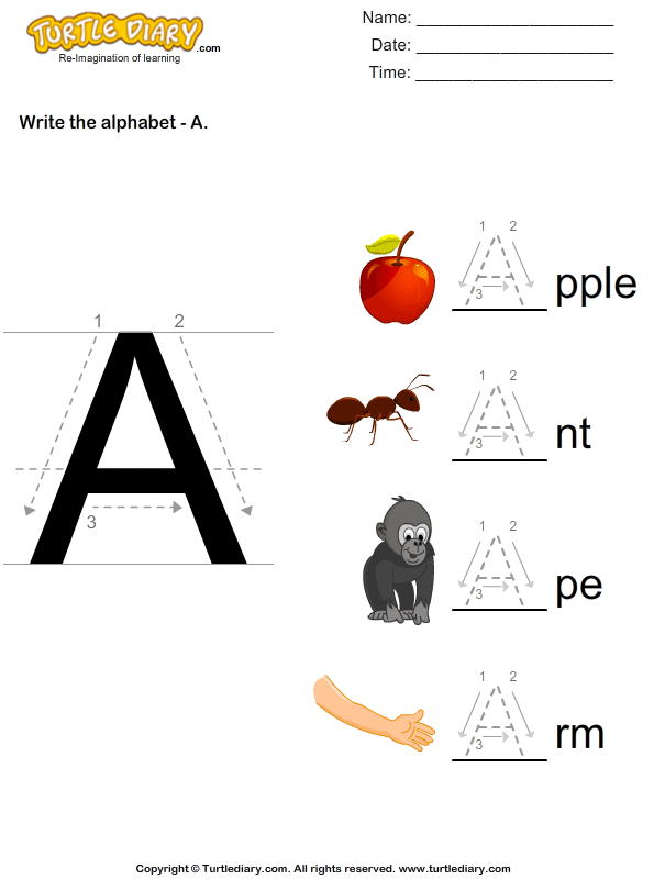 Write Alphabet A in Uppercase Worksheet - Turtle Diary