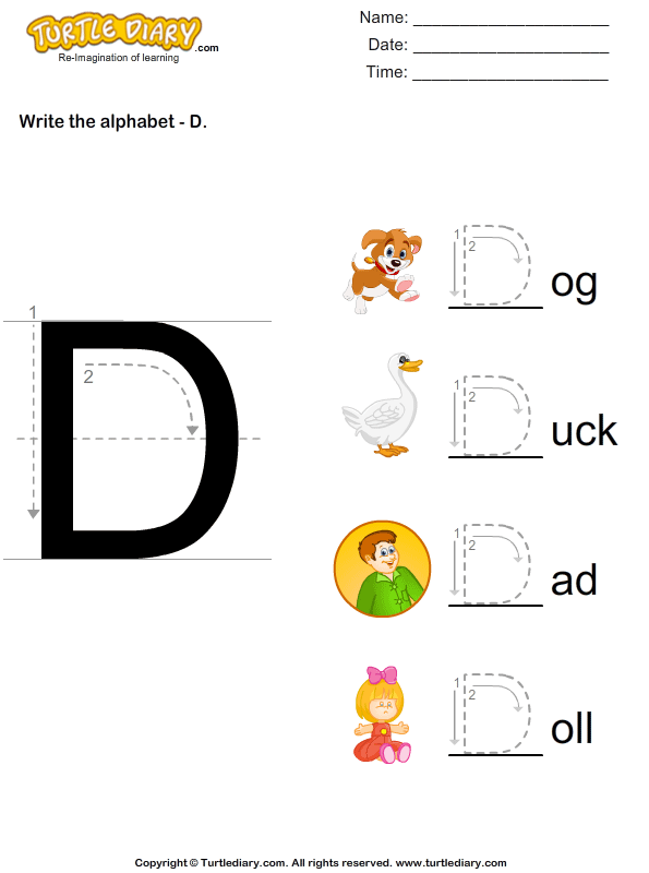 Write Alphabet D in Uppercase Worksheet - Turtle Diary